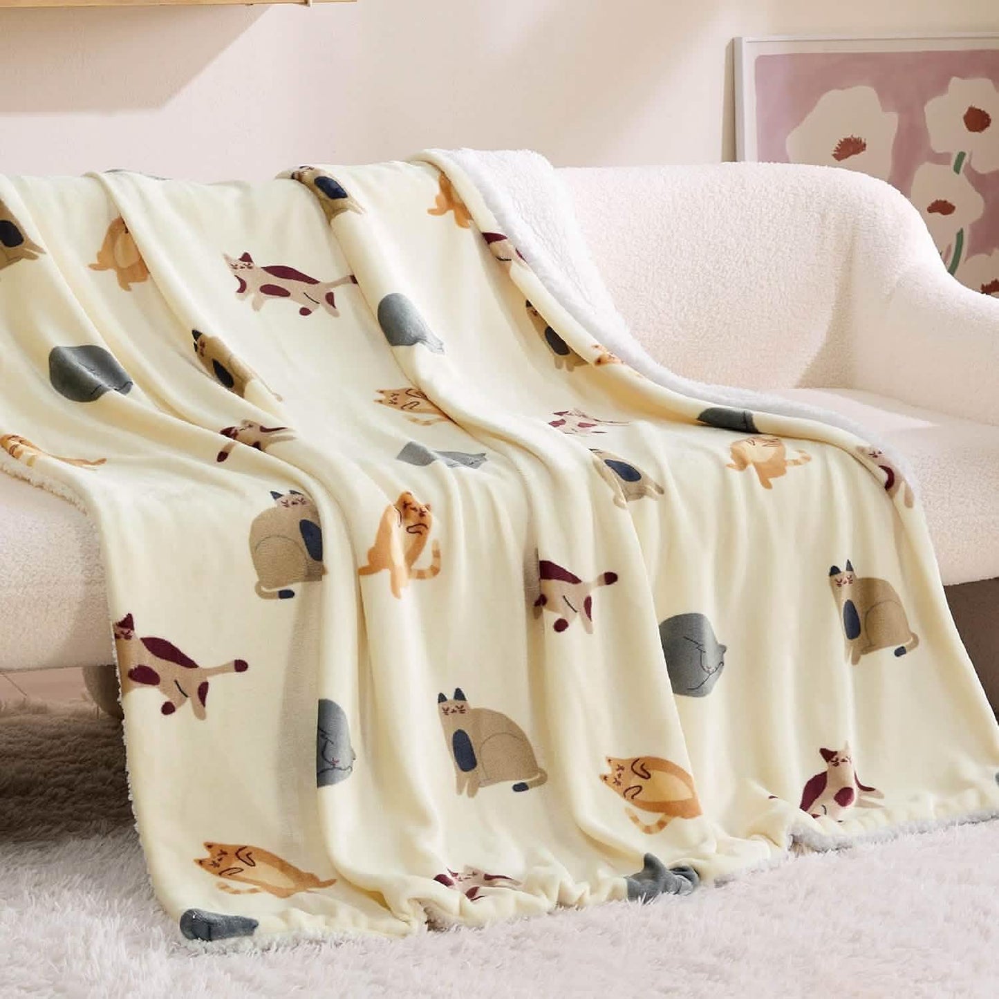 Printed Throw Sherpa Blanket Print-cat
