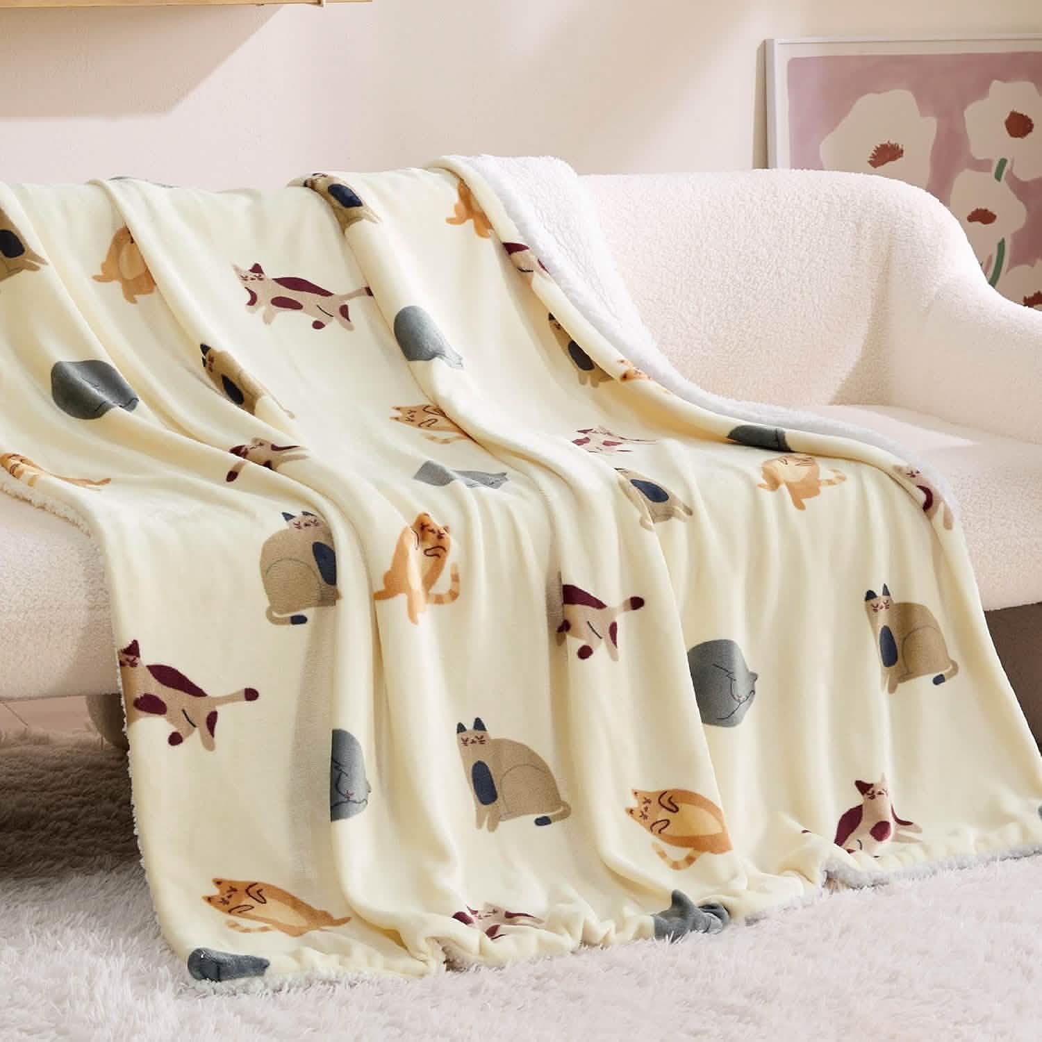 Printed Throw Sherpa Blanket Print-cat