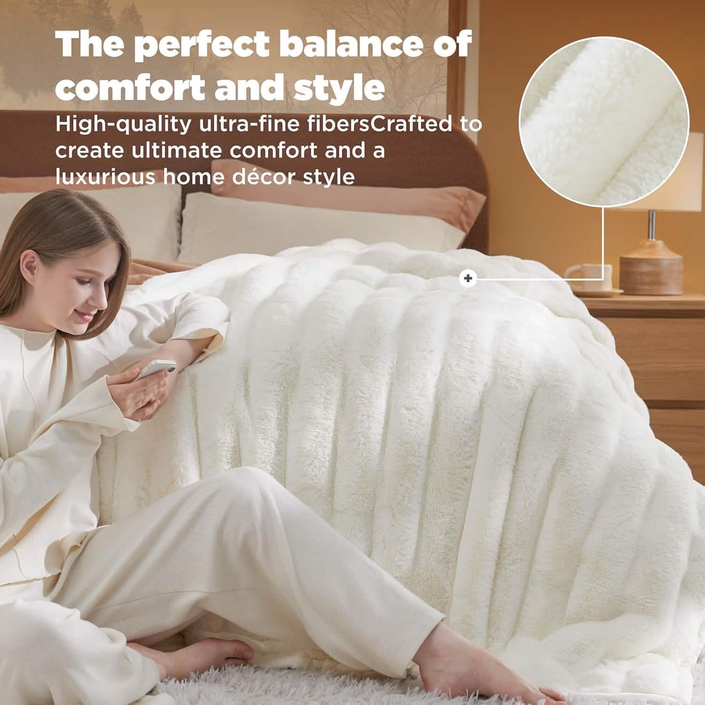 Fluffy Striped Faux Fur Blanket White