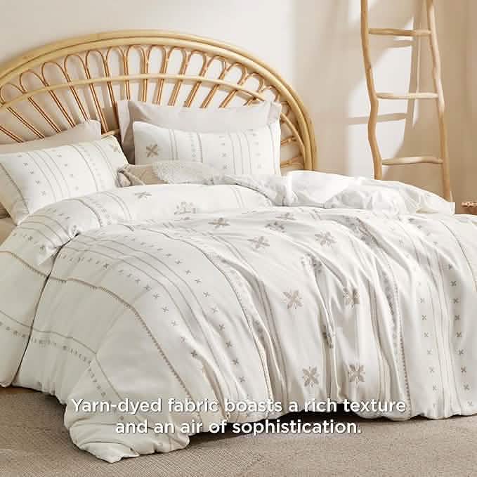Boho Vertical Jacquard Duvet Cover Set White
