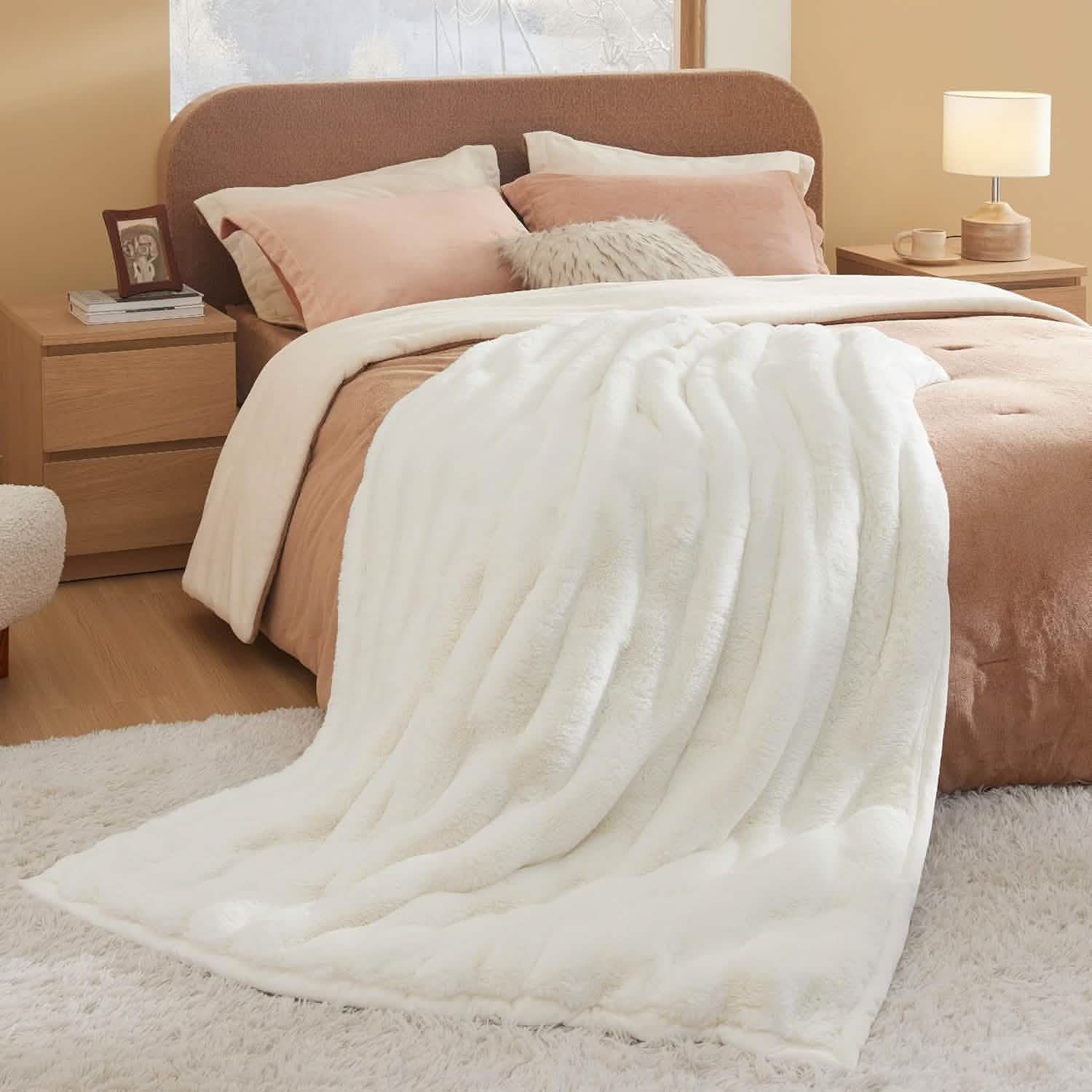 Fluffy Striped Faux Fur Blanket White