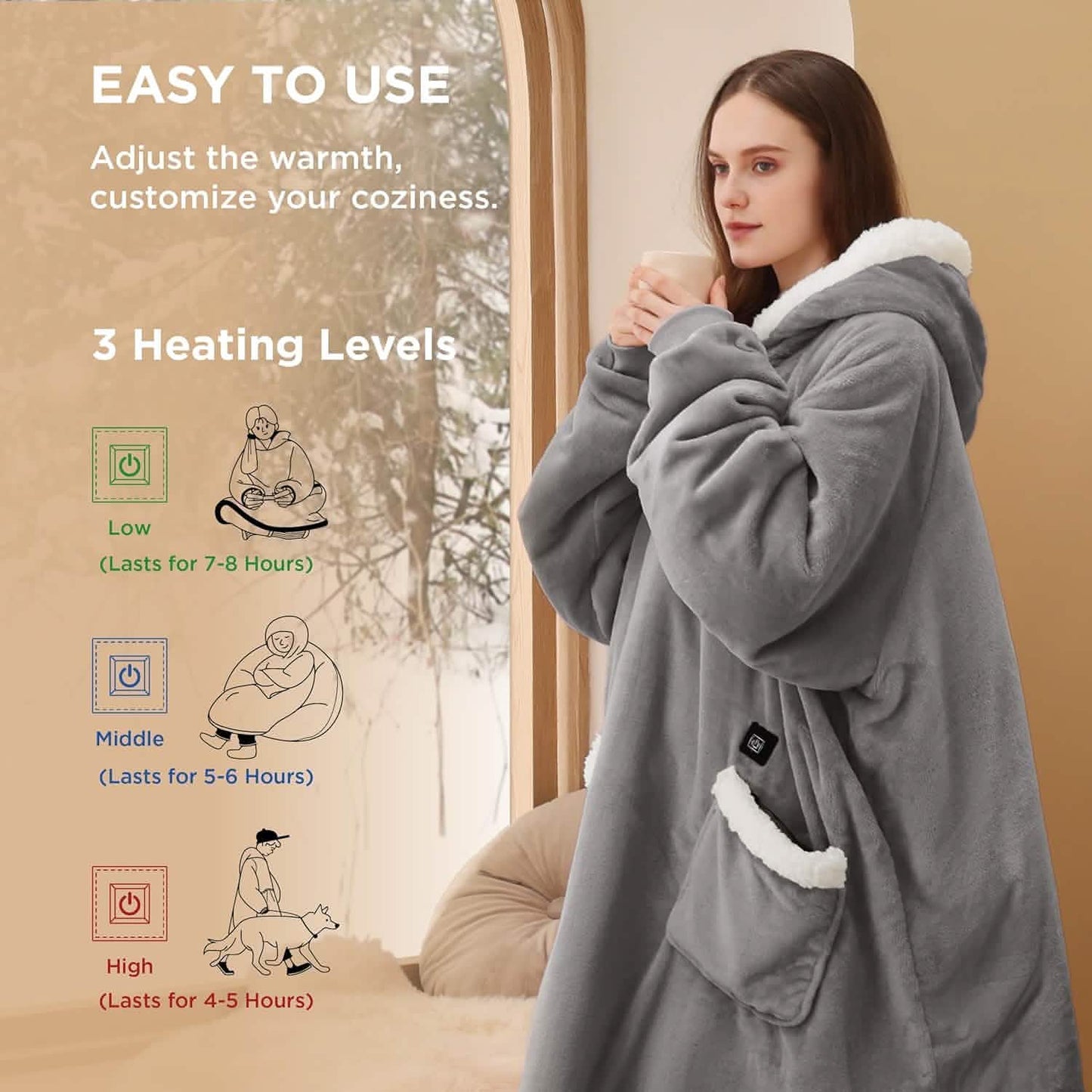 Portable Heated Sherpa Fleece Blanket Hoodie