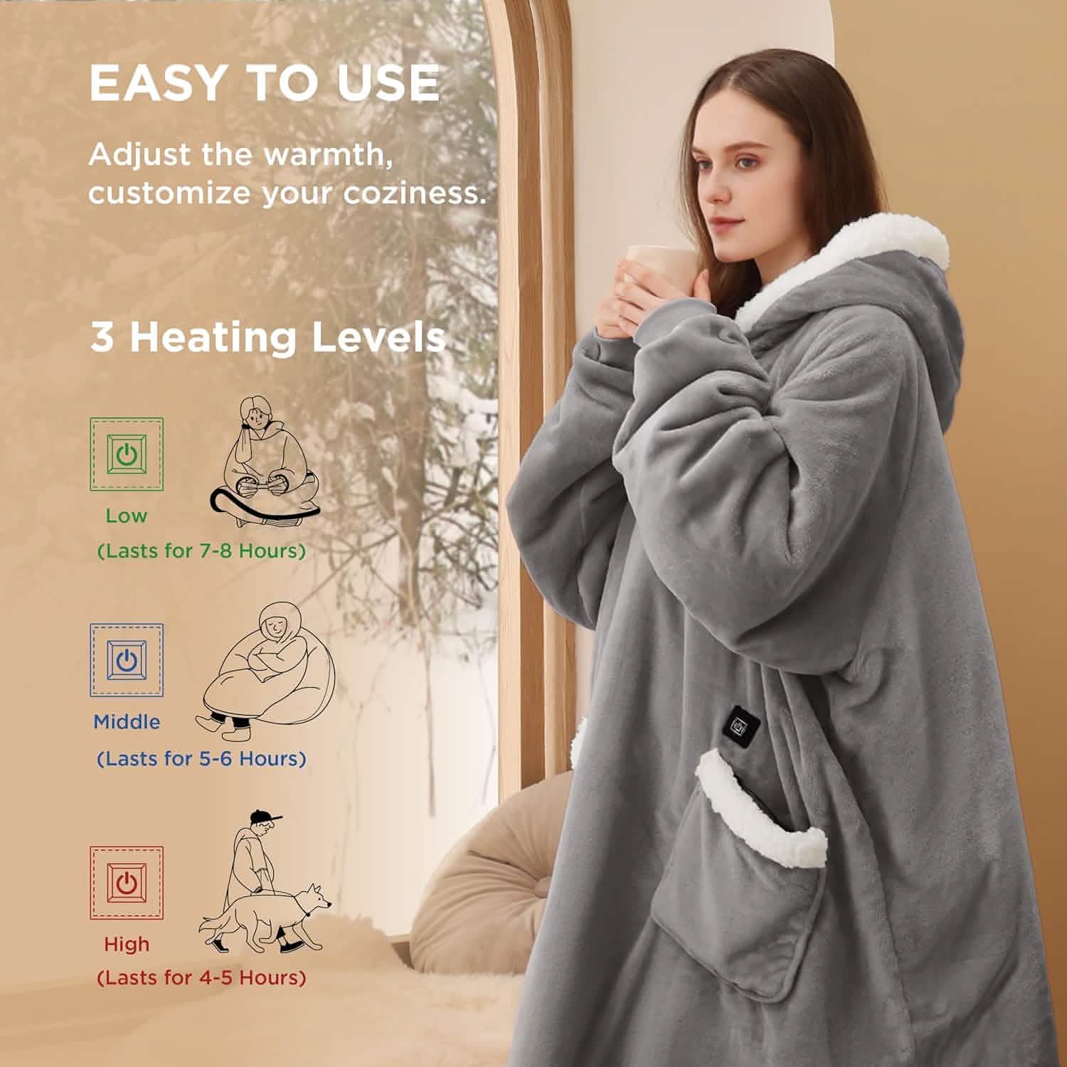 Portable Heated Sherpa Fleece Blanket Hoodie