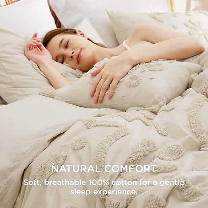 100% Cotton Tufted Duvet Cover Set Beige