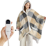 Heated Sherpa Fleece Blanket Hoddie Beige Plaid