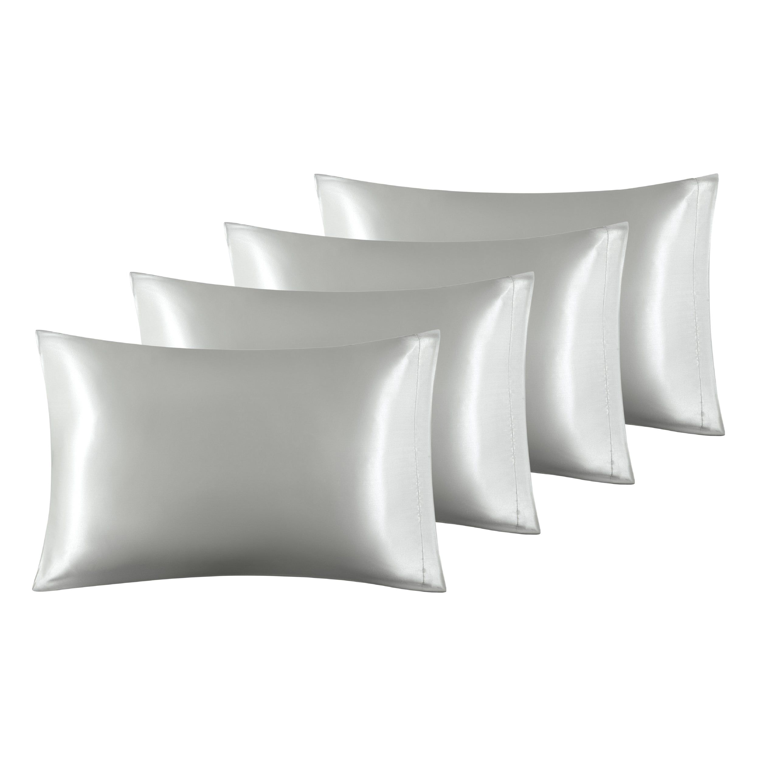 Silver satin pillowcases 4 pack: soft polyester for beauty sleep.