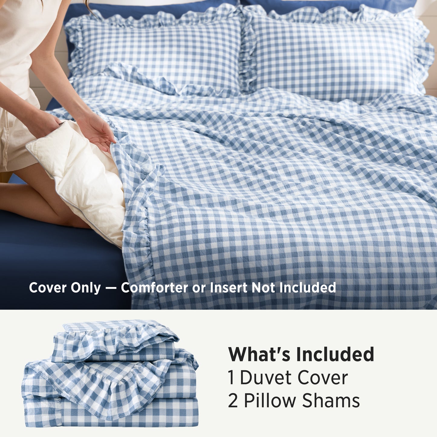 Ruffled Cotton-Like Gingham Duvet Cover Set