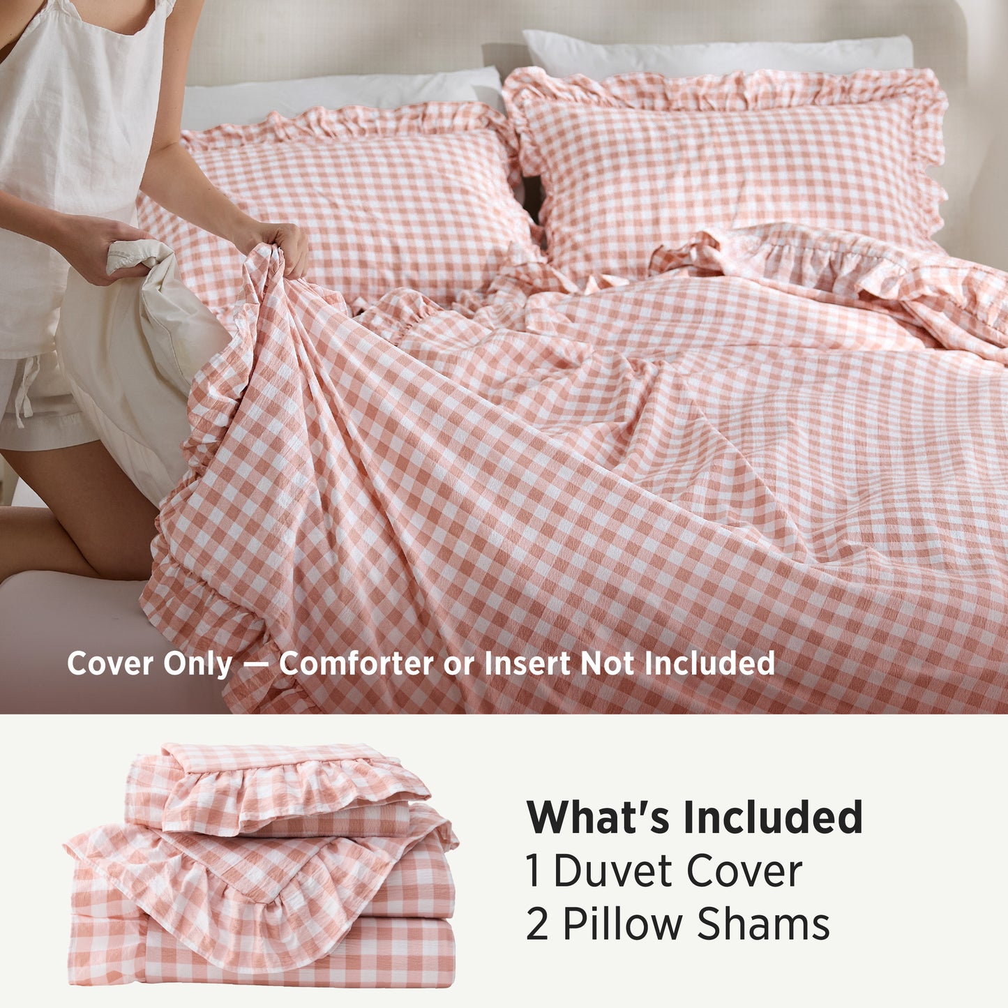 Ruffled Cotton-Like Gingham Duvet Cover Set