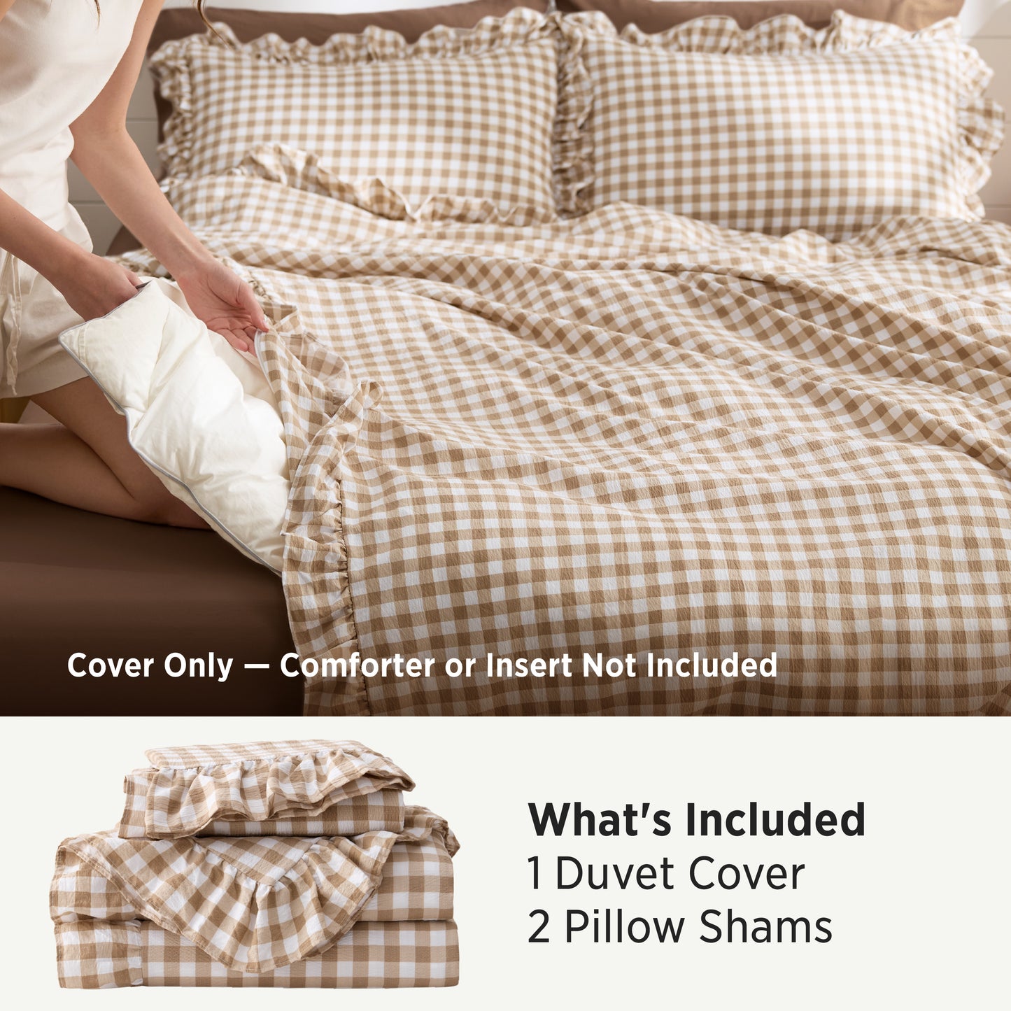 Ruffled Cotton-Like Gingham Duvet Cover Set
