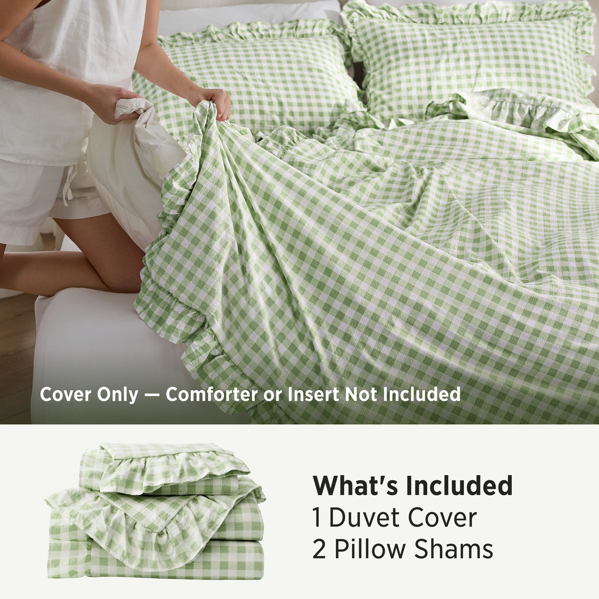 Ruffled Cotton-Like Gingham Duvet Cover Set