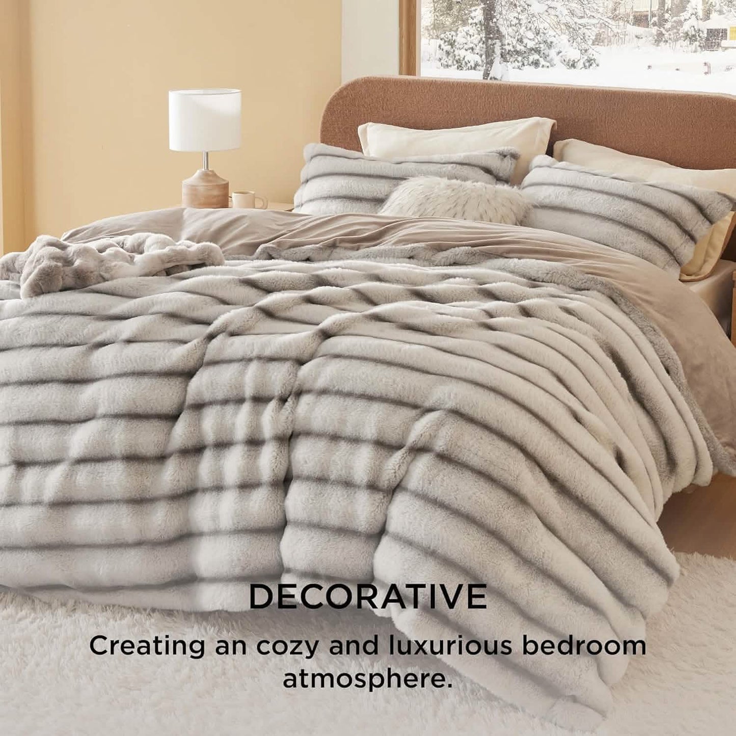 Carved Faux Rabbit Fur Duvet Cover Set Khaki