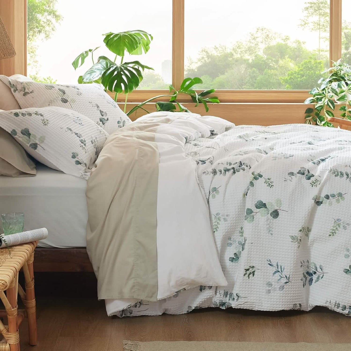 Cotton Waffle Weave Botanical Print Duvet Cover Set