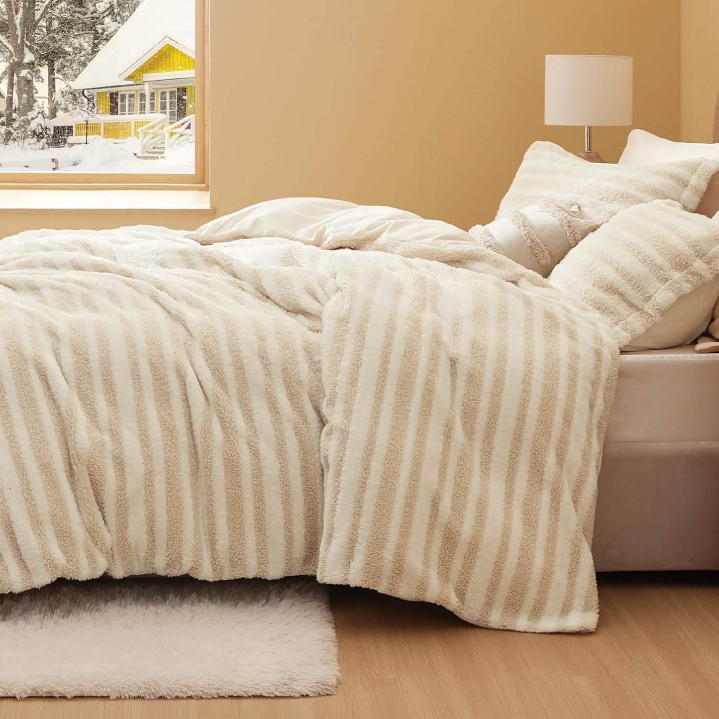 Carved Faux Rabbit Fur Duvet Cover Set Beige