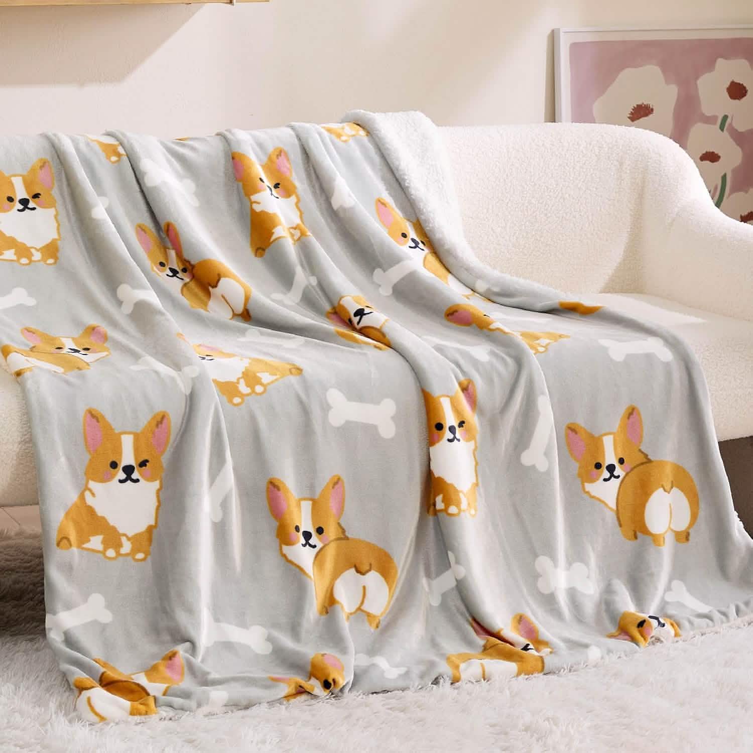 Printed Throw Sherpa Blanket Print-corgi