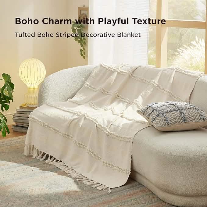 Tufted Boho Striped Throw Blanket
