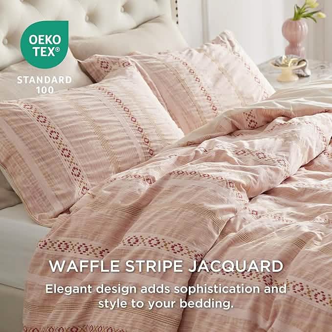 100% Cotton Waffle Stripe X Jacquard Duvet Cover Set