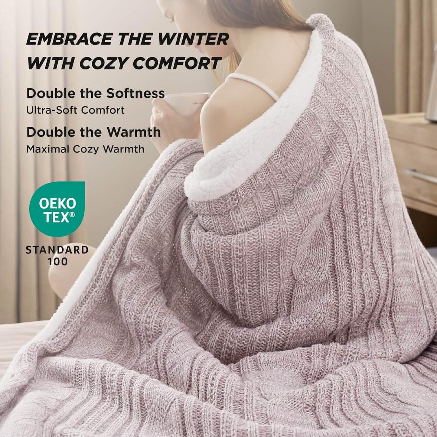 Knit Sherpa Reversible Throw Blanket-Cable Knit