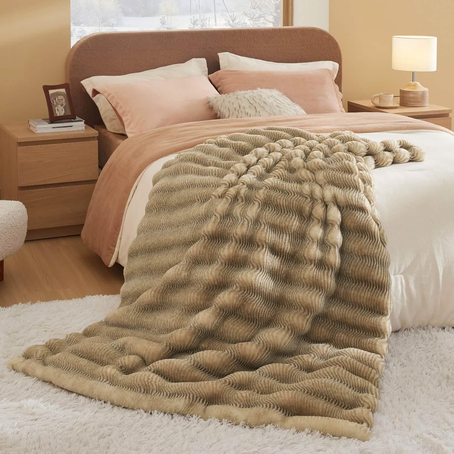 Fluffy Striped Faux Fur Blanket Beige