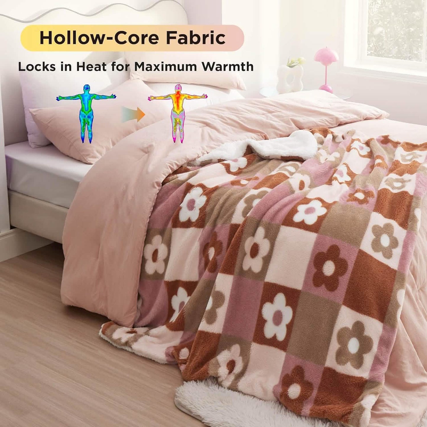 Printed Throw Sherpa Blanket flower Checkboard
