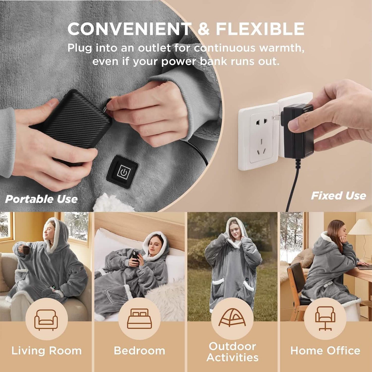 Portable Heated Sherpa Fleece Blanket Hoodie