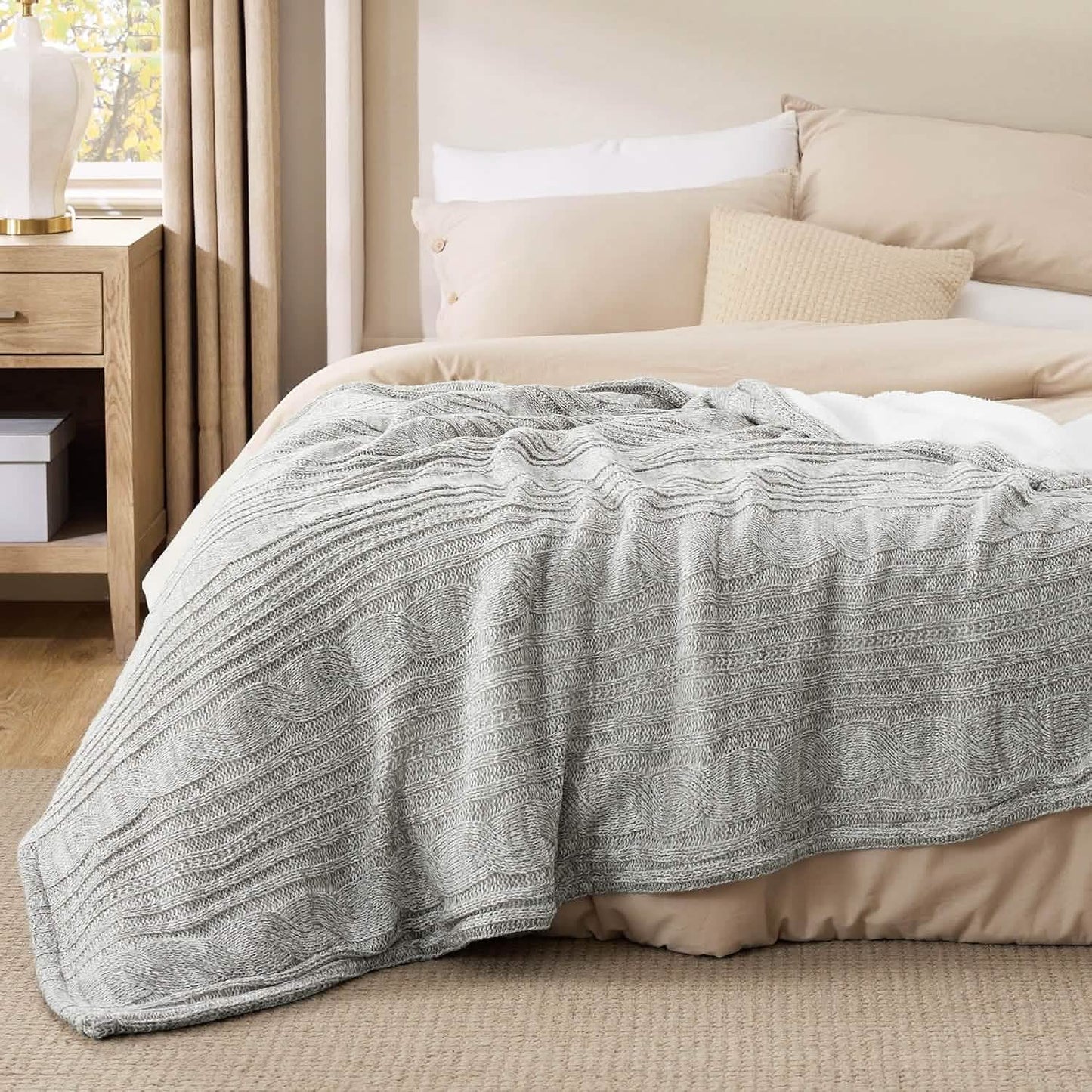 Knit Sherpa Reversible Throw Blanket-Cable Knit