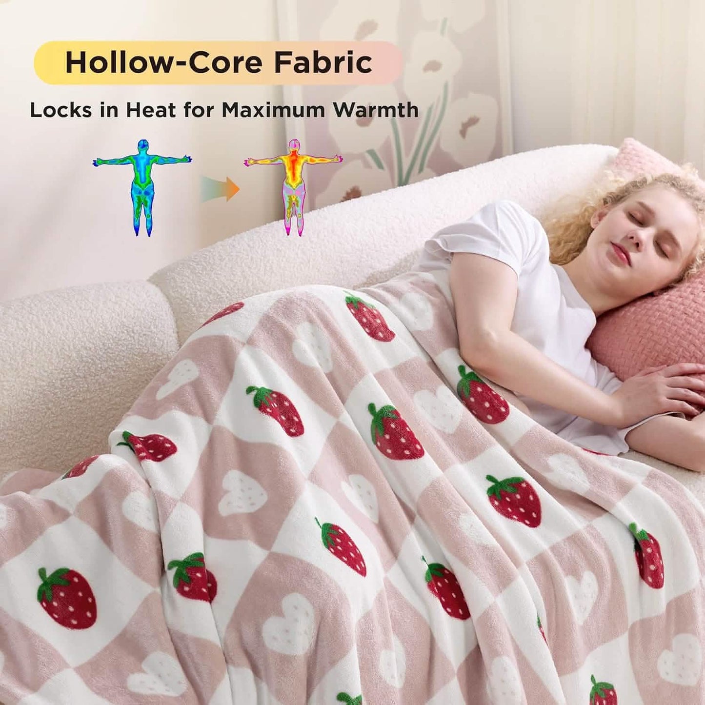 Printed Throw Sherpa Blanket Strawberry Checkboard