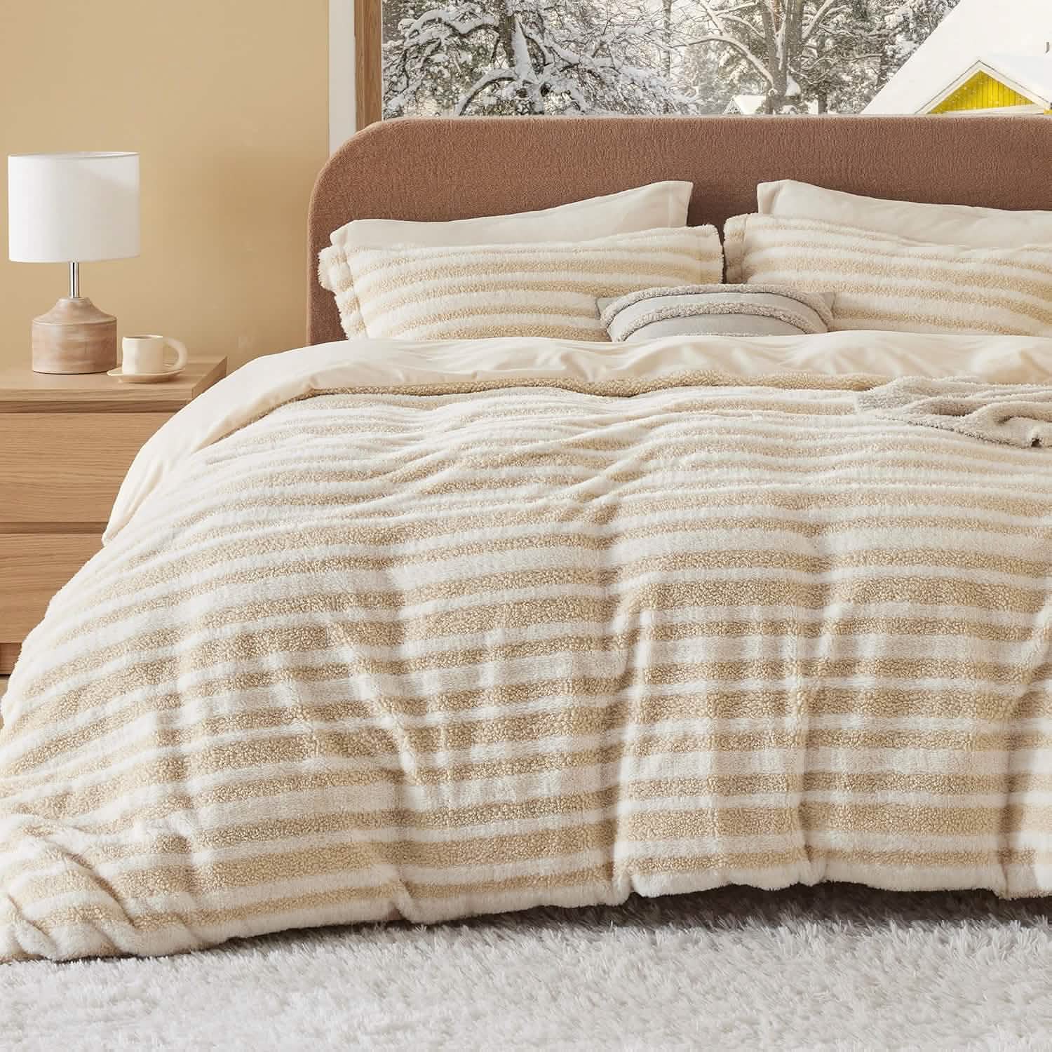 Carved Faux Rabbit Fur Duvet Cover Set Beige