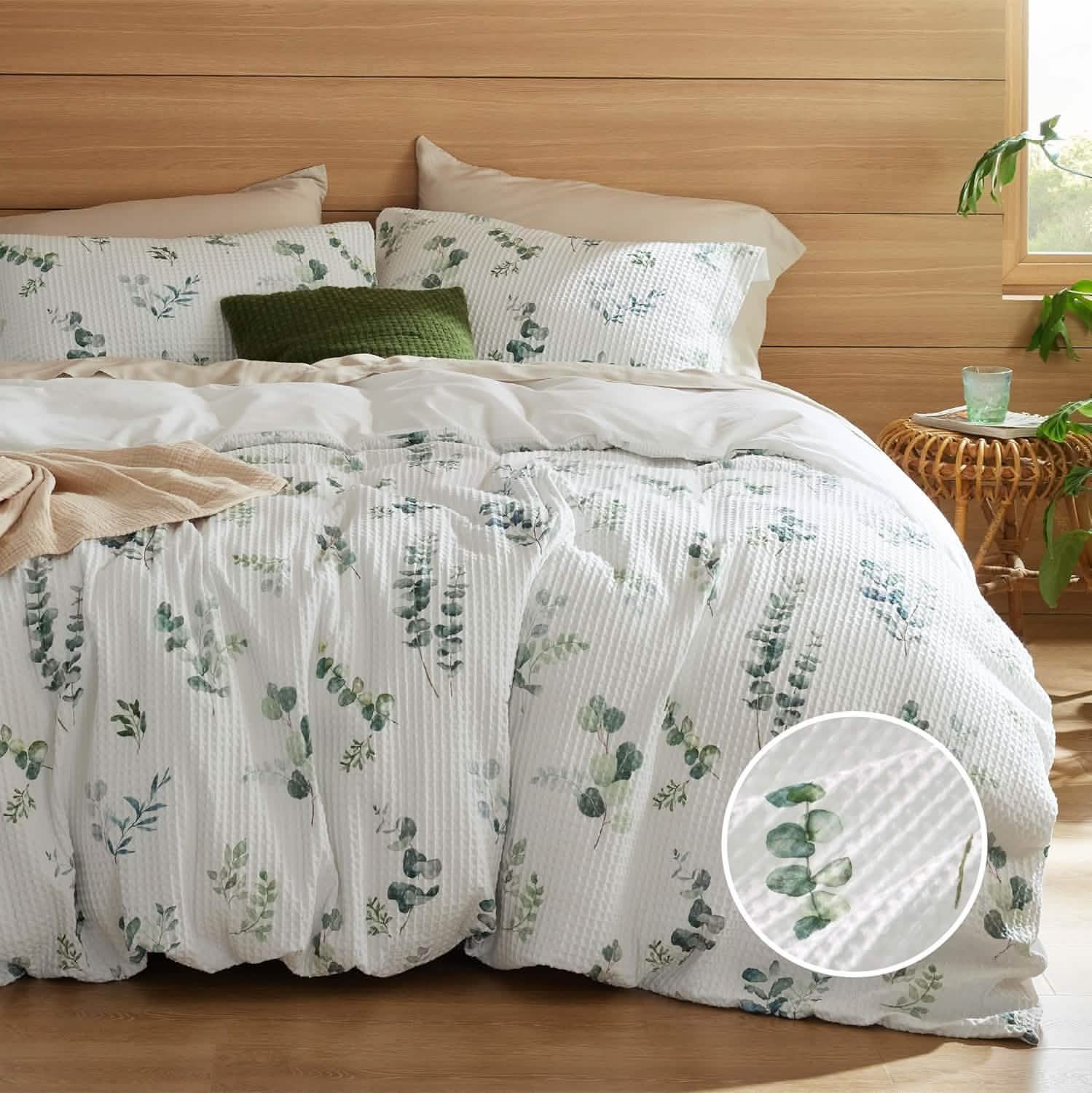 Cotton Waffle Weave Botanical Print Duvet Cover Set