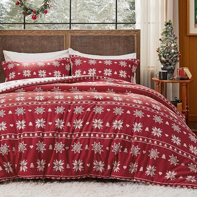 Christmas Plaid Comforter Set Red Snowflake