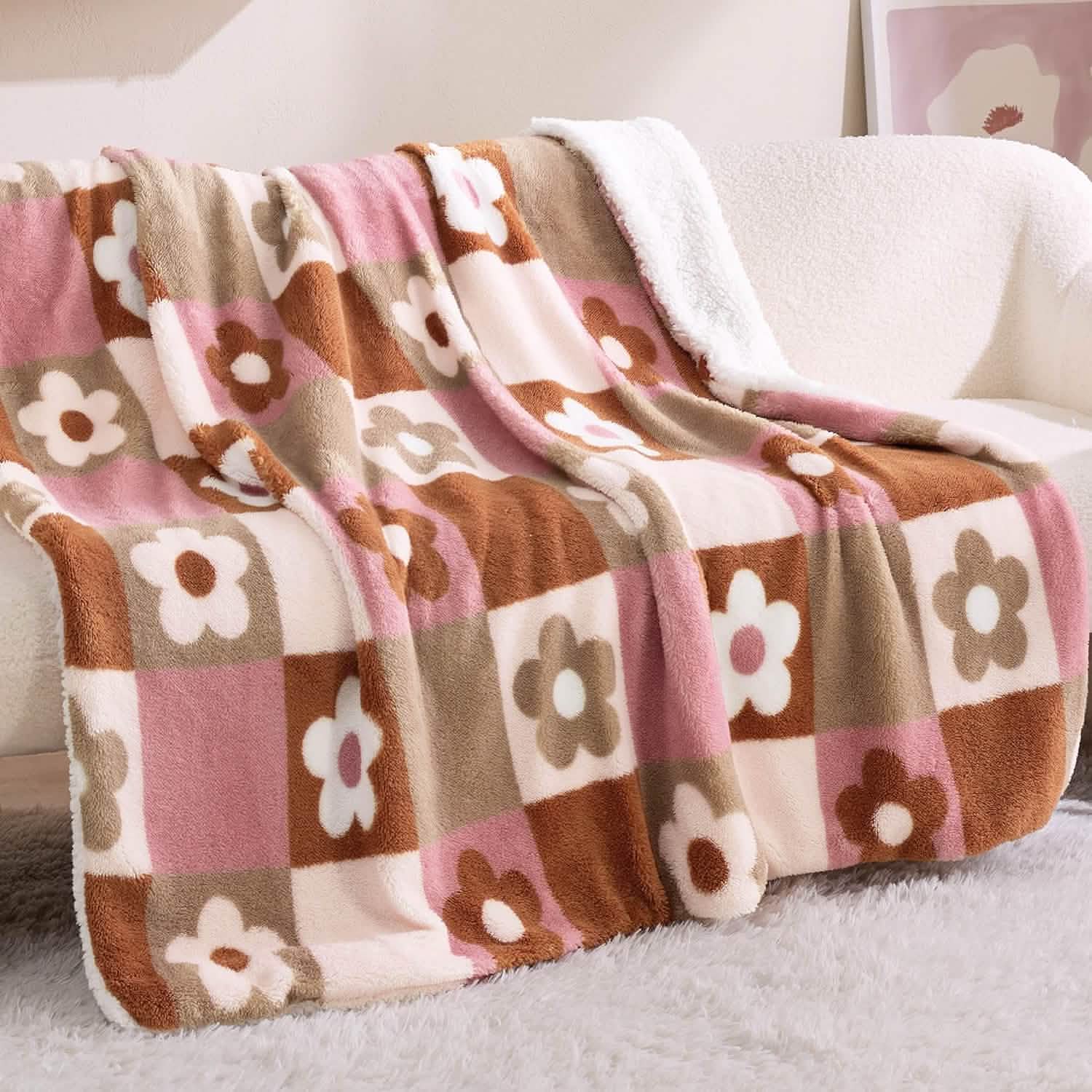 Printed Throw Sherpa Blanket flower Checkboard