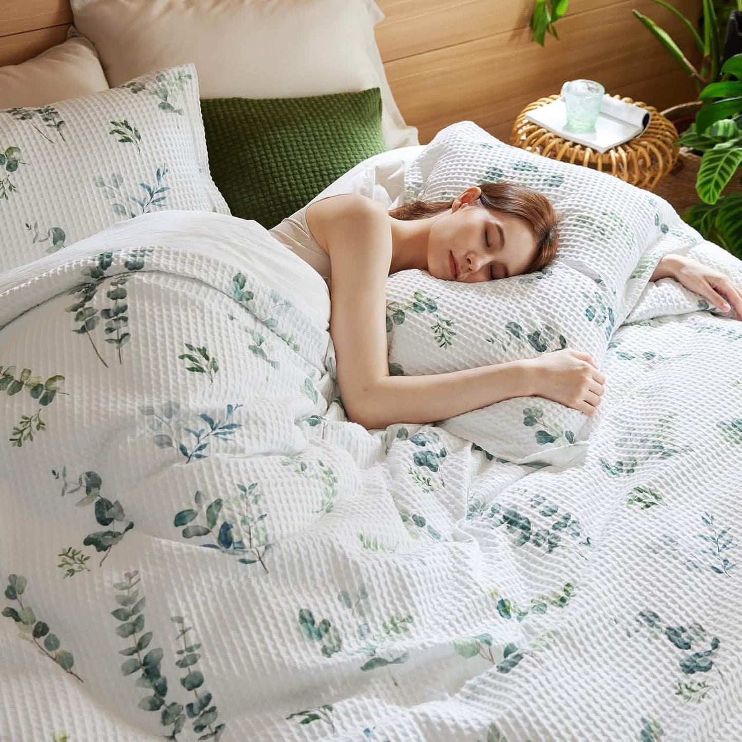 Cotton Waffle Weave Botanical Print Duvet Cover Set