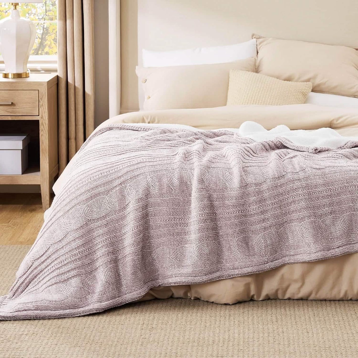 Knit Sherpa Reversible Throw Blanket-Cable Knit