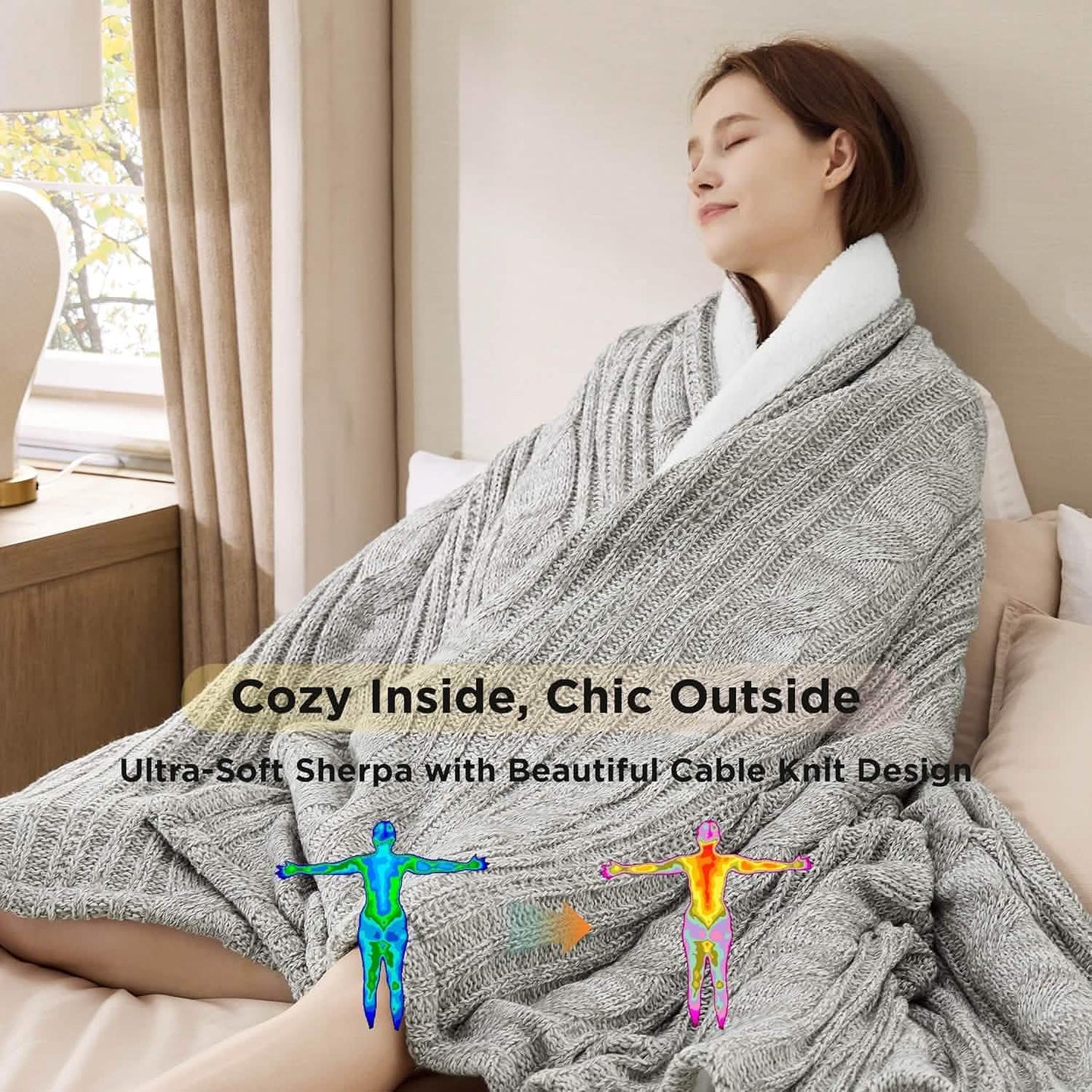 Knit Sherpa Reversible Throw Blanket-Cable Knit