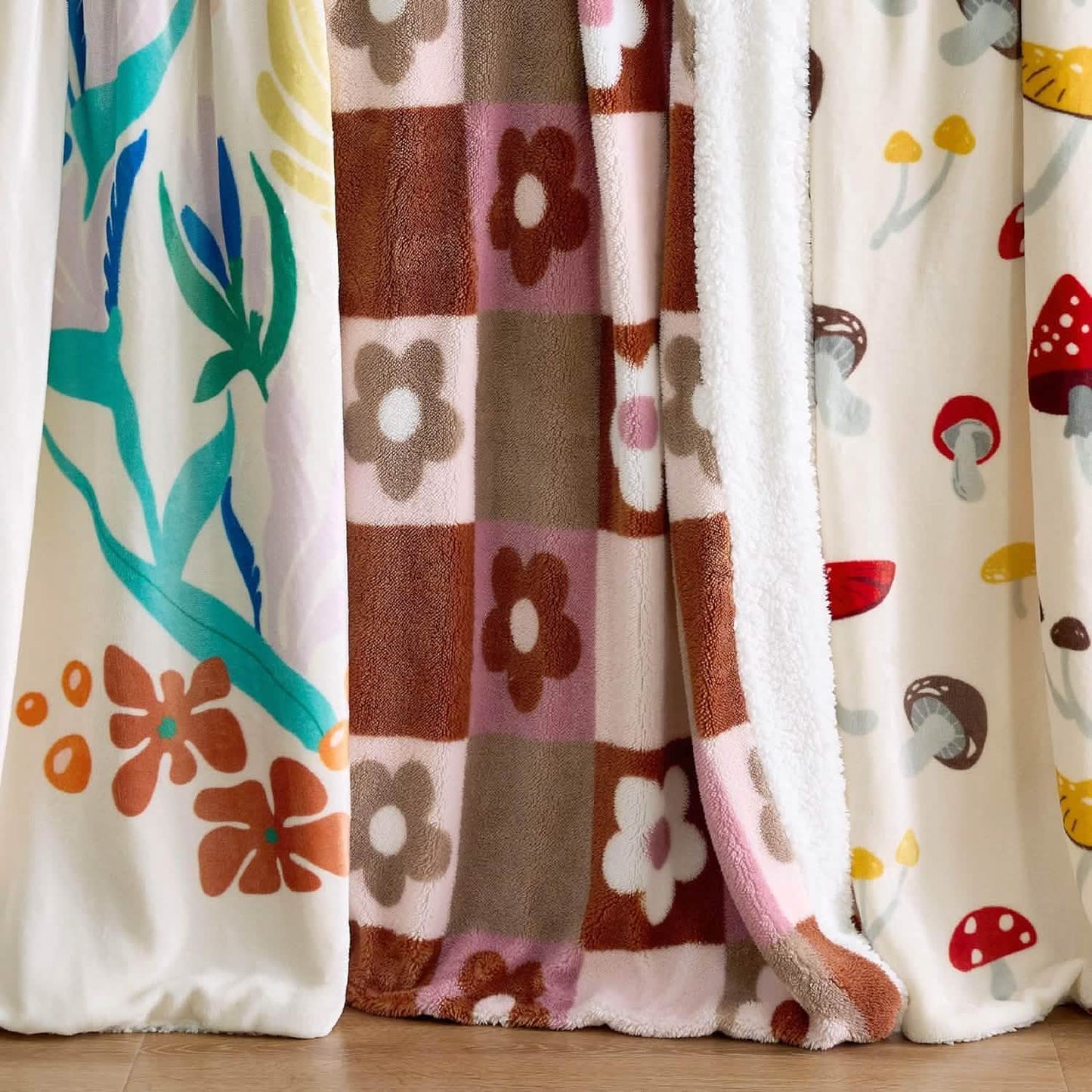 Printed Throw Sherpa Blanket flower Checkboard