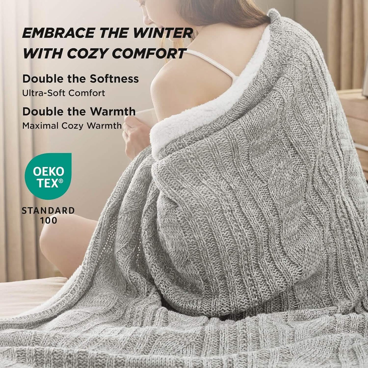 Knit Sherpa Reversible Throw Blanket-Cable Knit