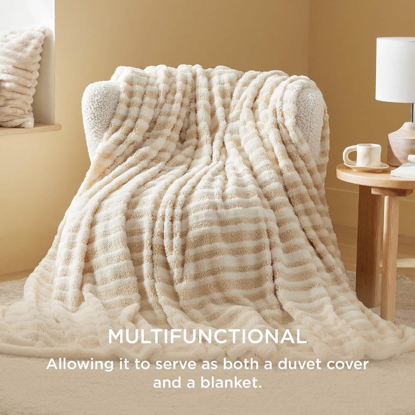 Carved Faux Rabbit Fur Duvet Cover Set Beige