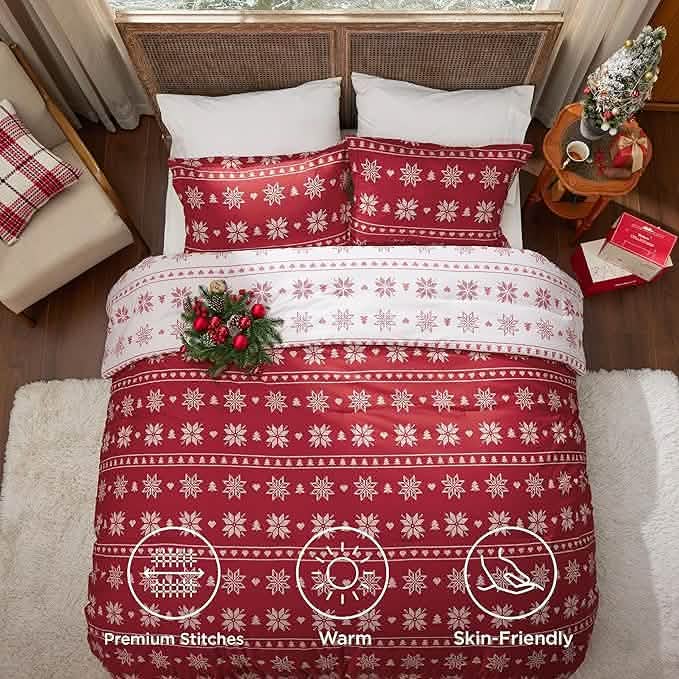 Christmas Plaid Comforter Set Red Snowflake