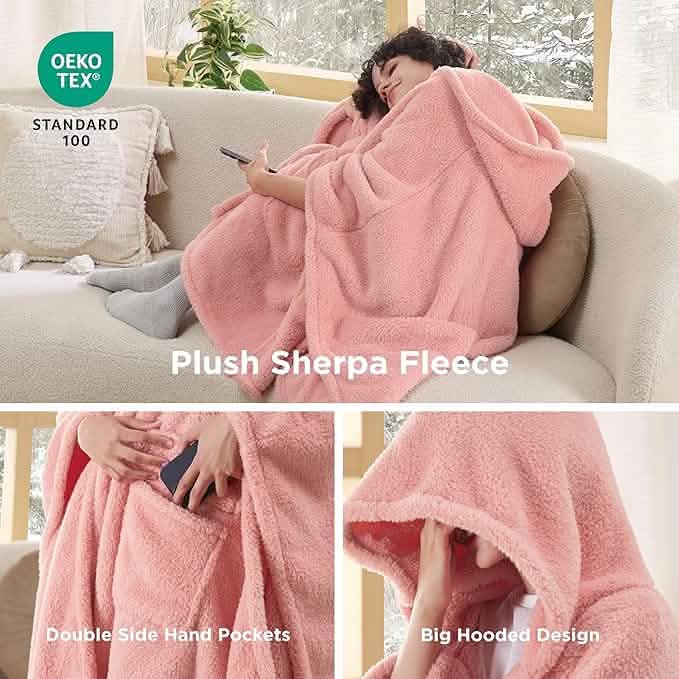 GentleSoft™ Short Shaggy Shepa Hooded Wearable Blanket With Pockets