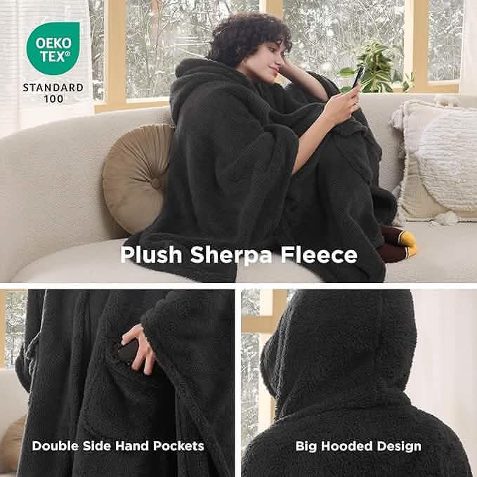 GentleSoft™ Short Shaggy Shepa Hooded Wearable Blanket With Pockets