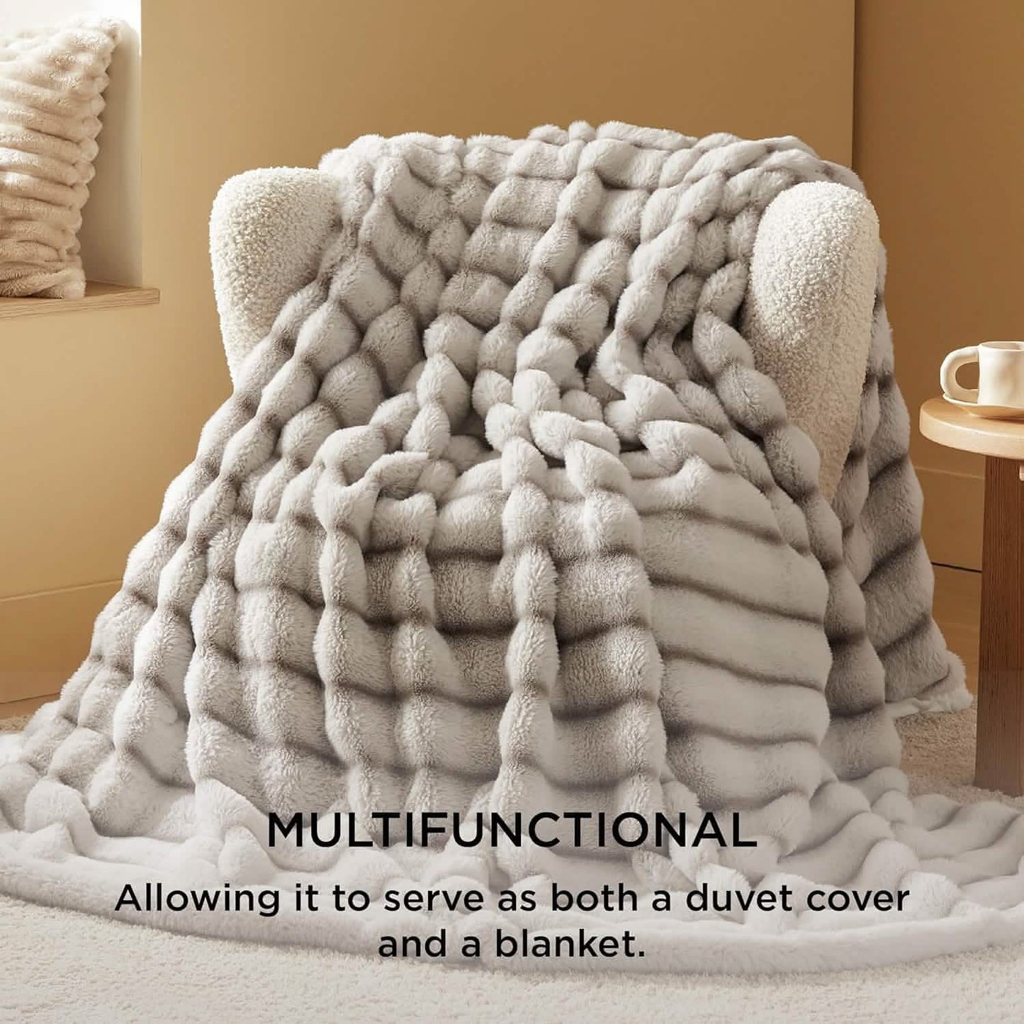 Carved Faux Rabbit Fur Duvet Cover Set Khaki