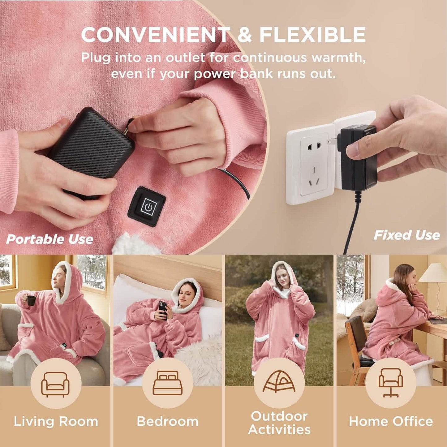 Portable Heated Sherpa Fleece Blanket Hoodie