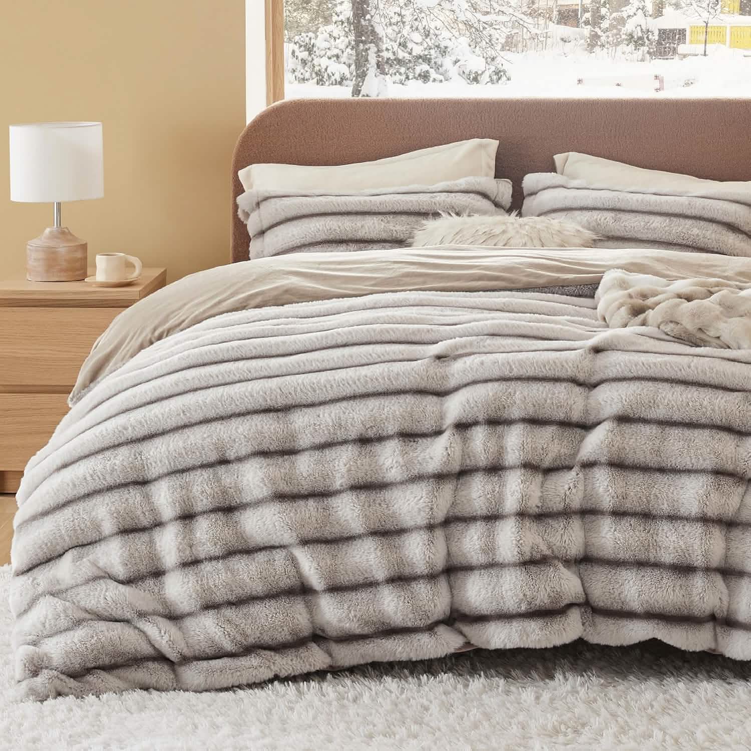 Carved Faux Rabbit Fur Duvet Cover Set Khaki