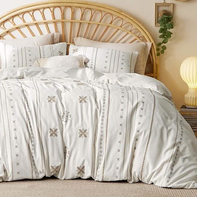 Boho Vertical Jacquard Duvet Cover Set White