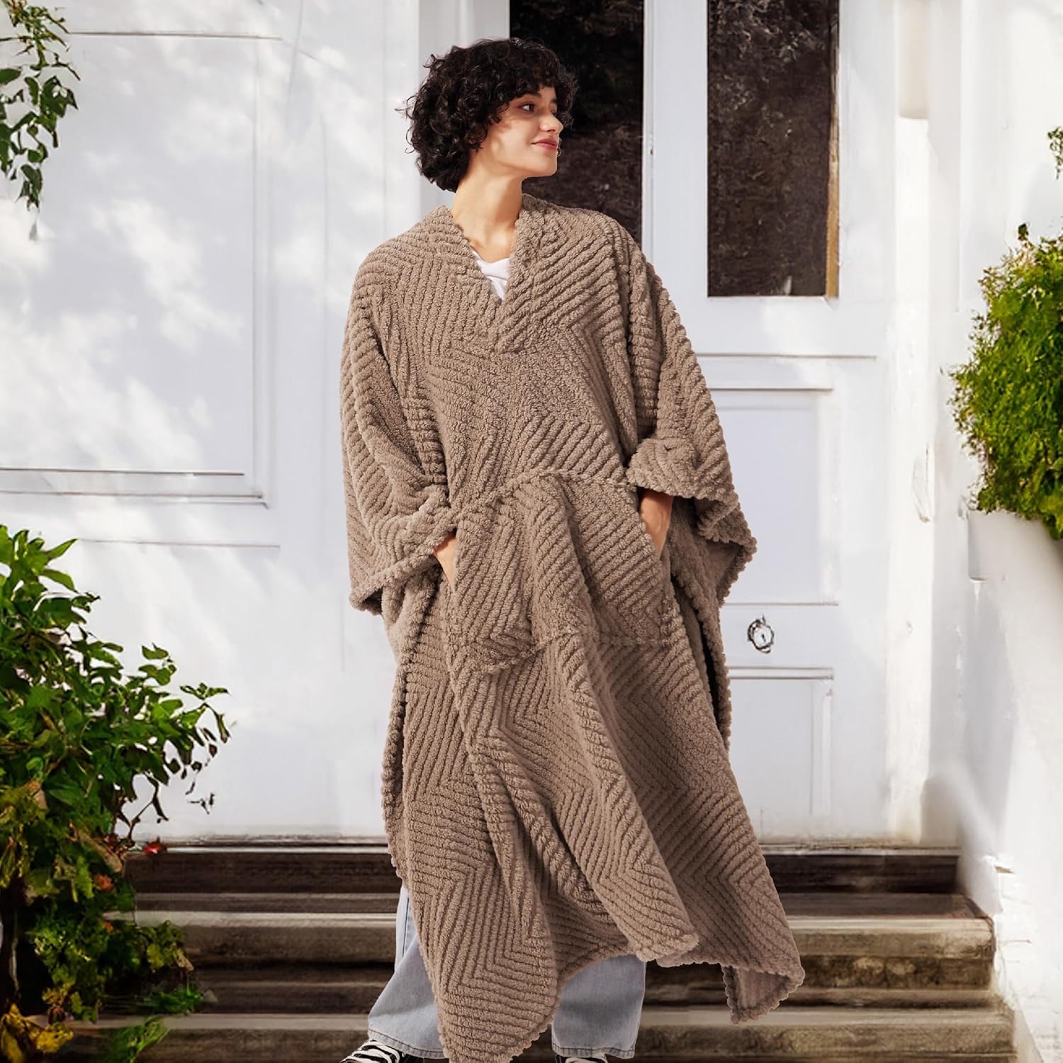 Bedsure Herringbone Sherpa Poncho Blanket