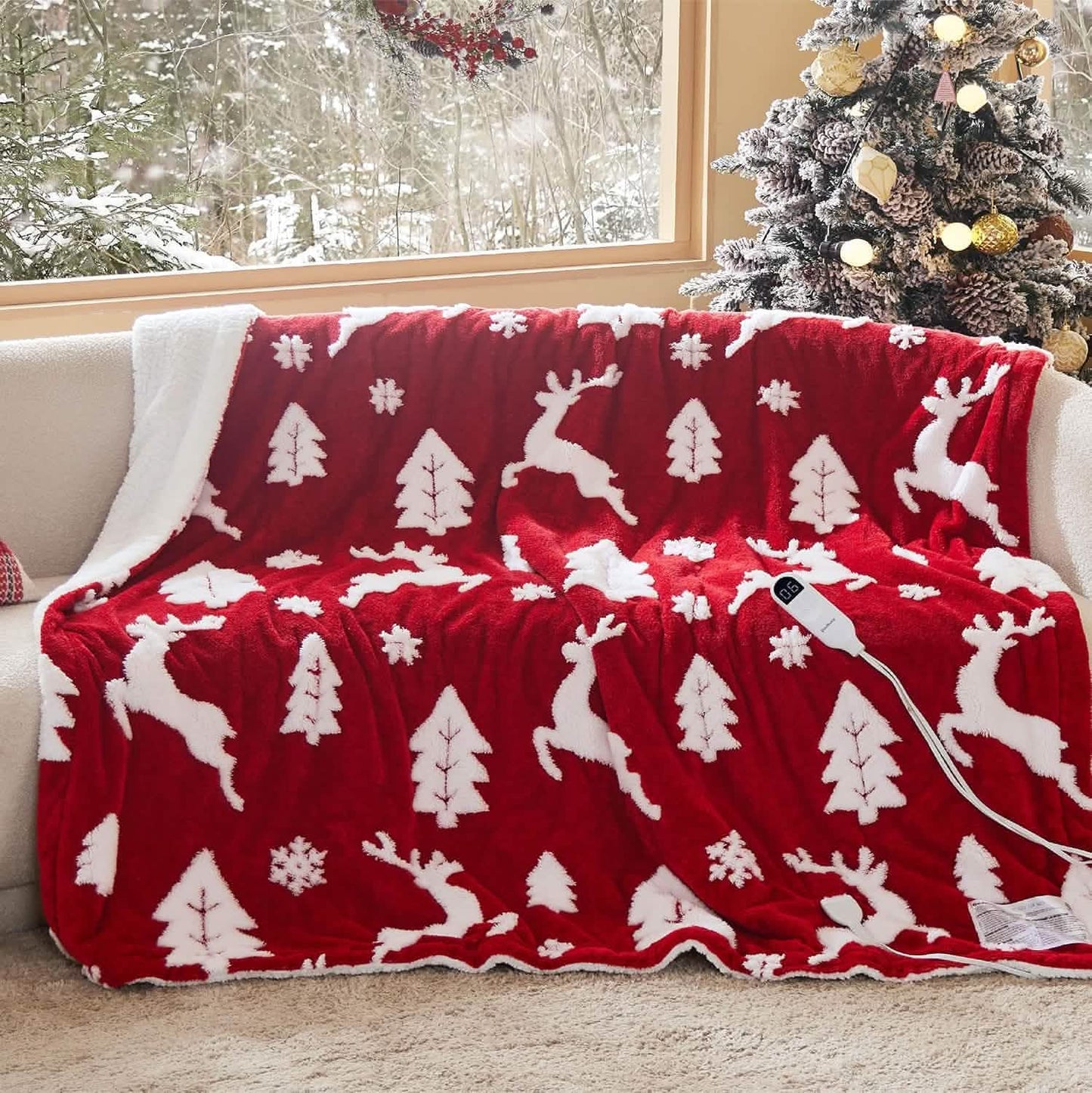 Christmas Flannel Heated Blanket Christmas Reindeer