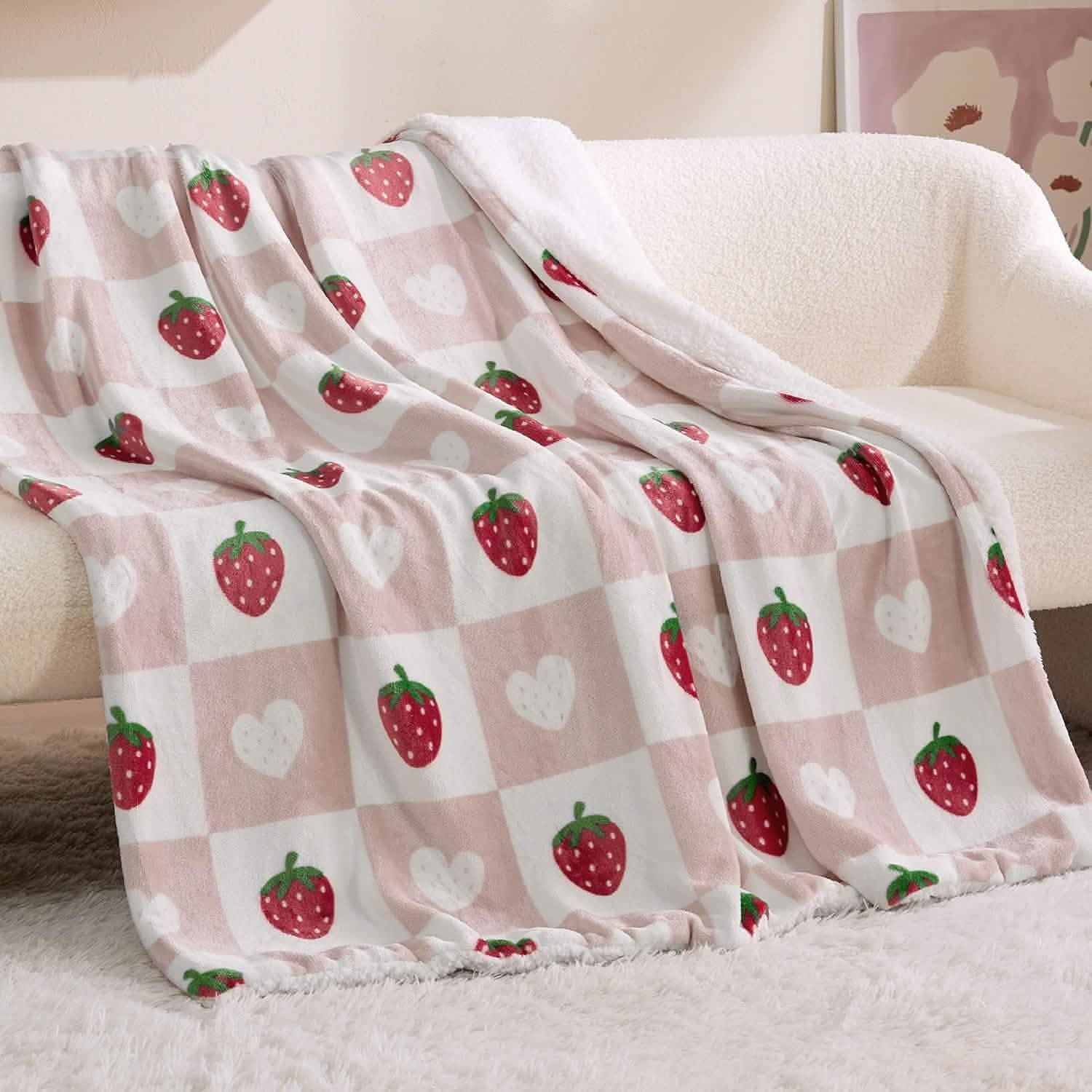 Printed Throw Sherpa Blanket Strawberry Checkboard