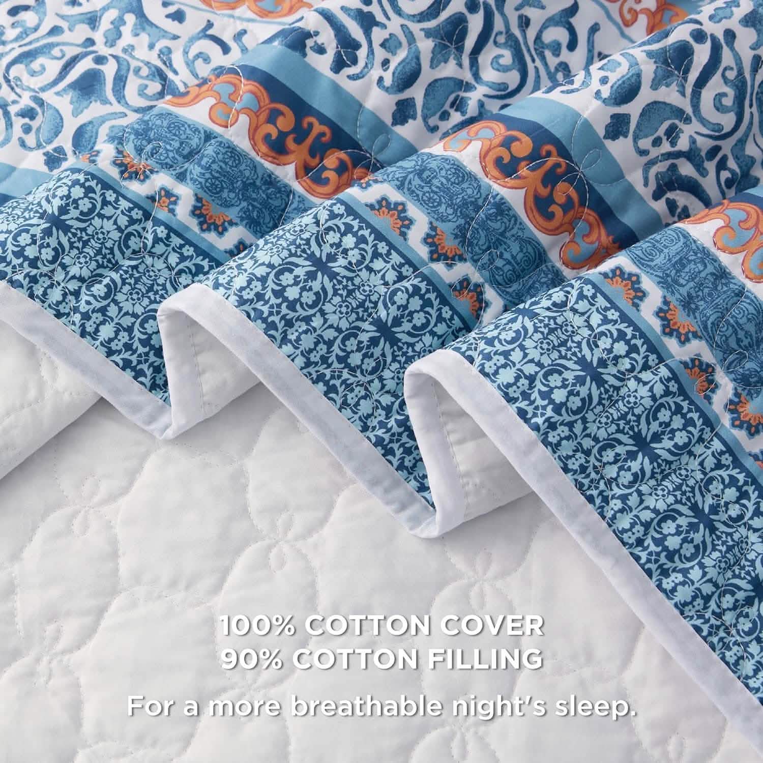 Cotton Patterned Light Blue Quilt Set