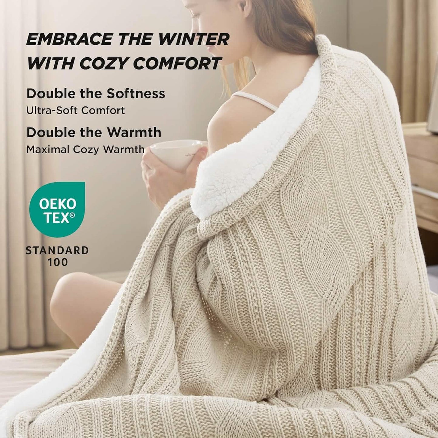Knit Sherpa Reversible Throw Blanket-Cable Knit