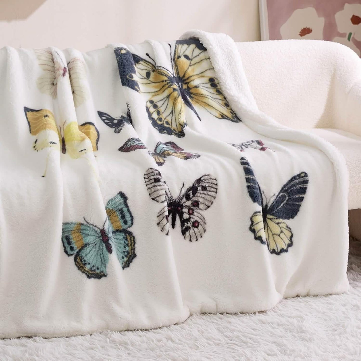Printed Throw Sherpa Blanket white Butterfly