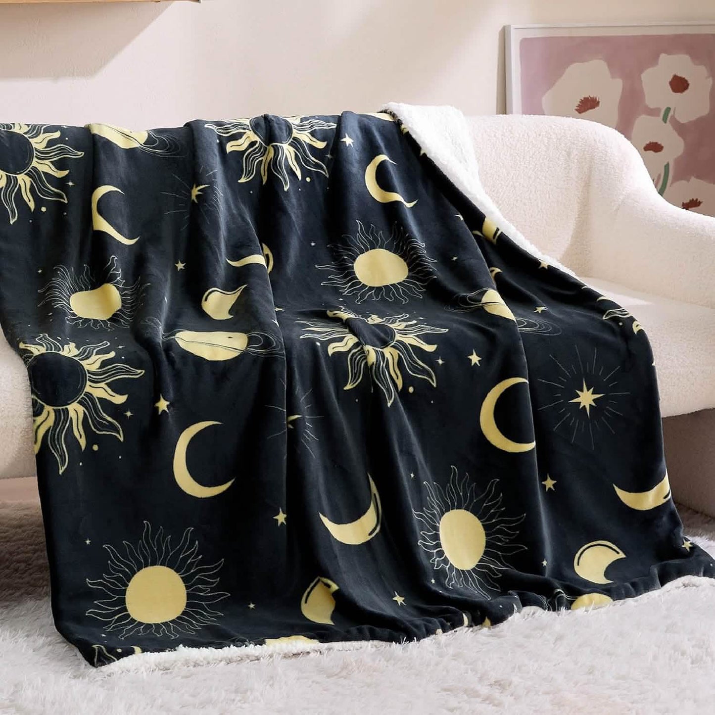 Printed Throw Sherpa Blanket Sun and Moon